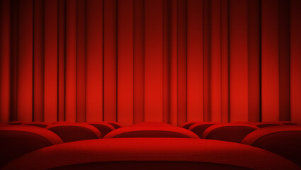 Stage red curtains, in front of empty, movie theater seats. A 3D rendering graphics, event or show, commercial background. Entertainment industry, front view cinema concept template, with copy space.