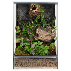 Large reptile terrarium with white background, front view.