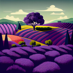 Naklejka na ściany i meble Lavender field. Landscape lavender field illustration. Generative AI.