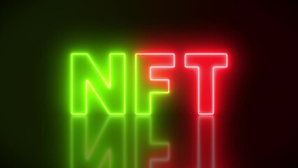 Video animation of luminous text with message nft on dark green, red background - seamless loop - abstract background - Powered by Adobe