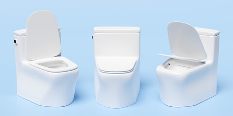 3d white toilet bowl set isolated on blue background. 3d render illustration, clipping path