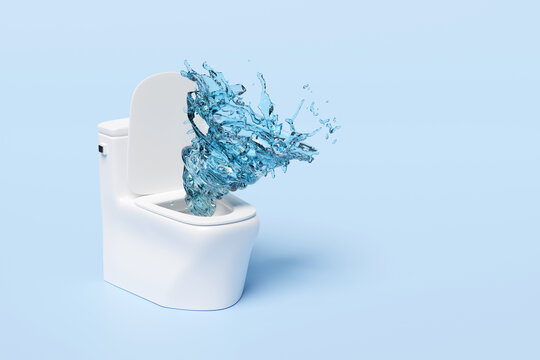 toilet bowl with vortex, twister water splash isolated on blue background. powerful suction for thorough cleaning concept, 3d render illustration