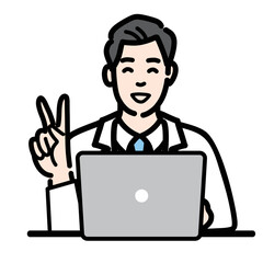 ラップトップの前で笑顔でピースサインをしている白衣を着た若い男性医師
