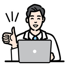 ラップトップの前で笑顔で親指を立てている白衣を着た若い男性医師
