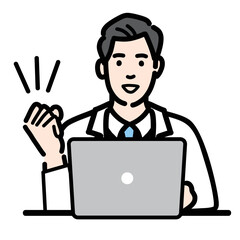 ラップトップの前で笑顔でガッツポーズをしている白衣を着た若い男性医師
