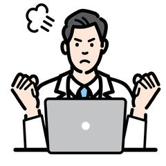 ラップトップの前で怒っている白衣を着た若い男性医師
