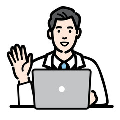 ラップトップの前で手を挙げて笑顔で挨拶をしている白衣を着た若い男性医師

