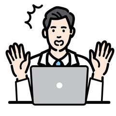 ラップトップの前で驚いている白衣を着た若い男性医師
