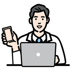 ラップトップの前でスマートフォンを持っている白衣を着た若い男性医師
