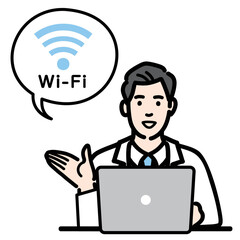 ラップトップの前でWi-Fiの説明をしている白衣を着た若い男性医師

