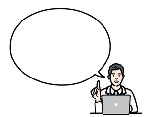 ラップトップの前で吹き出しで提案をしている白衣を着た若い男性医師
