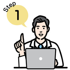 ステップ1　ラップトップの前で工程を説明する白衣を着た若い男性医師
