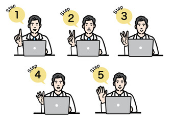 ラップトップの前で工程を説明する白衣を着た若い男性医師のセット
