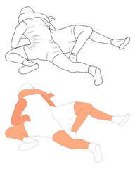 Silhouette outline athletes wrestlers in wrestling, duel, fight. Sketch line drawing greco roman, freestyle, classical wrestling.