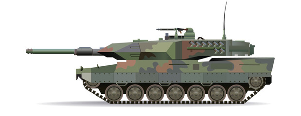 detailed side view of a modern military tank with green and brown camouflage pattern, vector illustration on a white background, Leopard 2, side view © Mykola