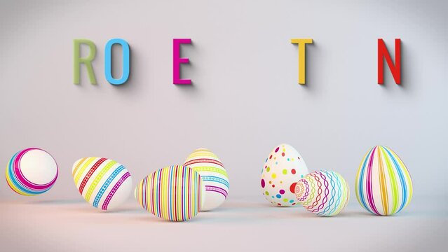 Frohe Ostern - 7 farbenfrohe, bemalte Ostereier auf hellem Hintergrund - Frohe Ostern - Oster