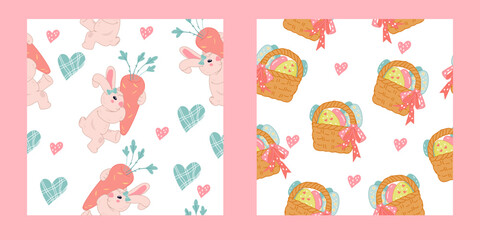 Easter seamless patterns set with bunny or rabbit and basket of Easter eggs, kawaii style vector illustration. Easter spring seamless patterns bundle.