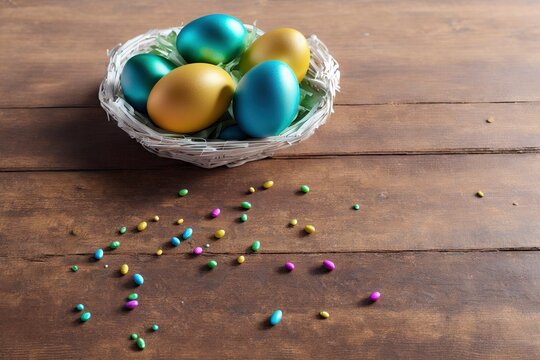 Picture of a decorated easter table wth a basket full of eggs