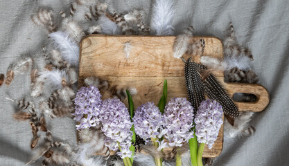 Hyazinthen Dekoration Frühling, Blüte auf Holzbrett, Flatlay Ostern