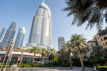 Fototapeta na wymiar View on tall houses and palm trees in Dubai city center from park near by, Dubai, United Arab Emirates
