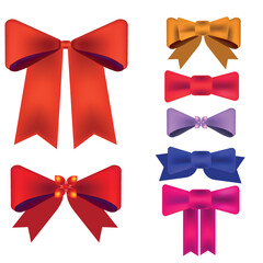 Realistic bow set. Red pink, purple, orange silk ribbons with bows festive decor satin rose, luxury elements for holiday packaging and design, elegant gift tape 3d vector decor set on white background
