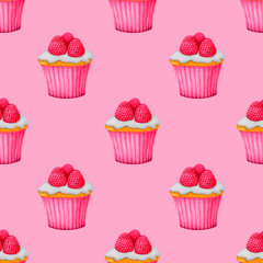 Seamless patern with cupcakes on a pink background. Watercolor design for Valentine's Day, Birthday, Wedding, Anniversary. Ideal for printing on packaging, wrapping, stationery, fabrics, textiles..