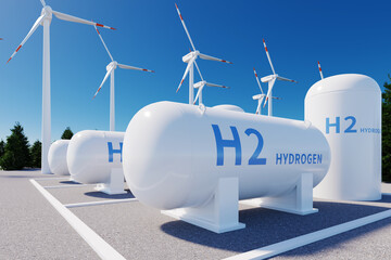 h2 hydrogen tank and wind power turbines, 3d rendering