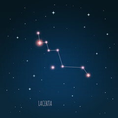 Fototapeta na wymiar Constellation Lacerta scheme in starry sky. Open space. Vector illustration, constellation through a telescope