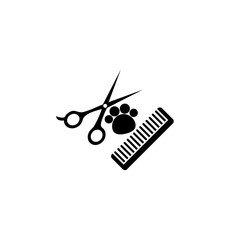 Dog grooming logo design template. Dog paw print with comb and scissors isolated on white background