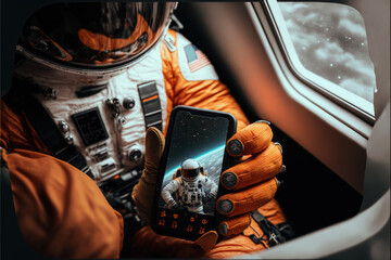 an astronaut in space holding cellphone