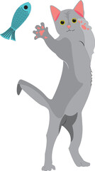vector image of a gray kitten that stands on its hind legs and catches a toy fish. Pets, funny kitten, childhood