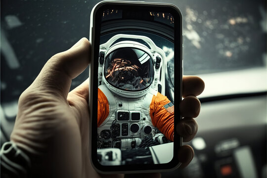 an astronaut in space holding cellphone