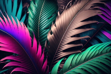 Colorful of tropical palm leaves pattern background. Retro tone color style. Generative AI
