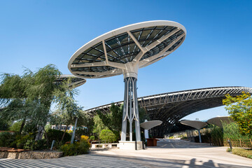 large solar panels on the background of the sky in sunlight. The concept of green energy in future....