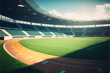 Fototapeta na wymiar Soccer field inside large stadium, green grass, generative ai