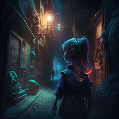 Fototapeta premium child walking in narrow and dark city corridor