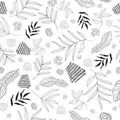 Fototapeta premium Seamless black and white background with abstract vegetation, branches, leaves and elements in a linear style outline. Vector