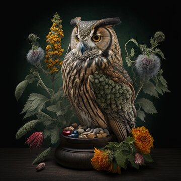 Hiboux naturopathe avec des plantes et des fleurs sur fond noir