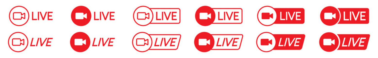 Live streaming icons set. Camera video live broadcasting for blog, television, movies, shows, news and various video content. Live streaming red buttons stock vector, symbol illustration