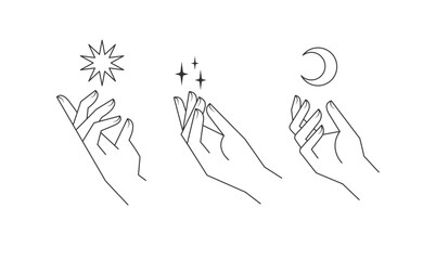 Aesthetic hands vector linear illustrations. Stylized elegant hand drawings with different gestures.