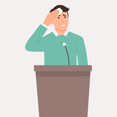 Glossophobia or fear of public speaking. Nervous man feel stressed speaking in front of public. Anxious worried male speaker sweat with pain and anxiety on stage. Concept of audience fear.