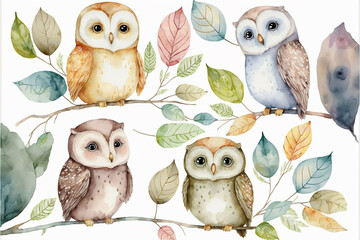 watercolor seamless pattern with cute owls and leaves standing on trees