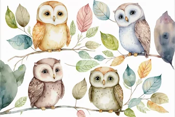 Wall murals Owl Cartoons watercolor seamless pattern with cute owls and leaves standing on trees