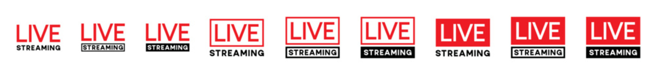 Fototapeta premium Live streaming icons set. Video live broadcasting for blog, television, movies, shows, news and various video content. Live streaming red buttons stock vector, symbol illustration