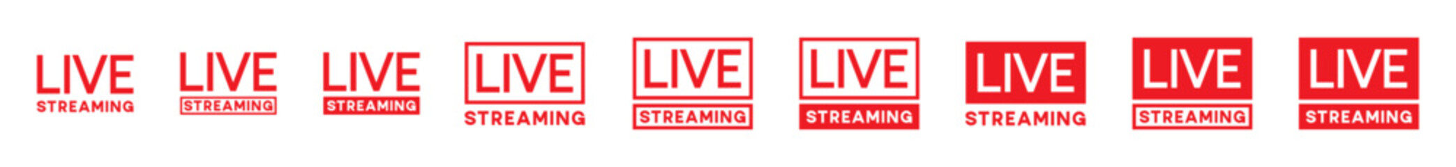 Live streaming icons set. Video live broadcasting for blog, television, movies, shows, news and various video content. Live streaming red buttons stock vector, symbol illustration