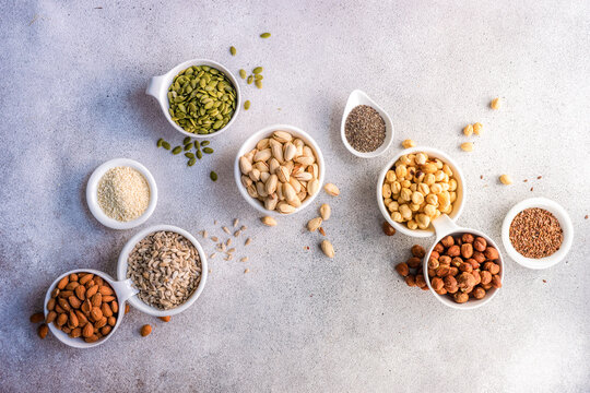 Bowls full of nuts and seeds