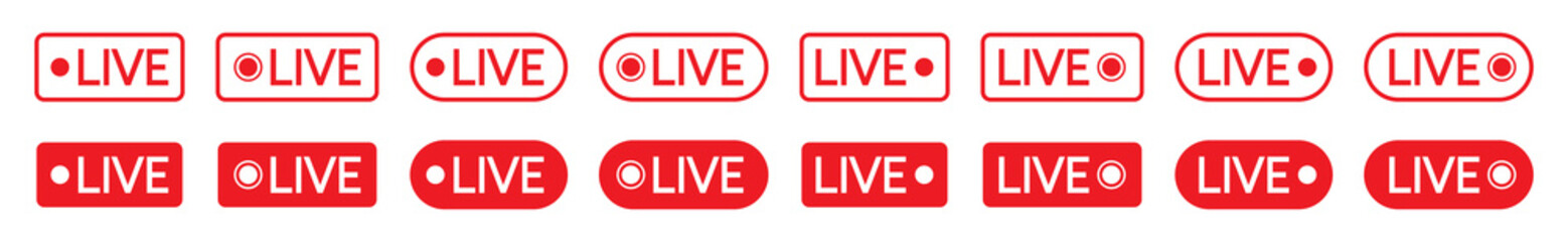 Live streaming icons set. Video live broadcasting for blog, television, movies, shows, news and various video content. Live streaming red buttons stock vector, symbol illustration