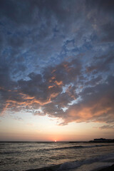 Lima Peru Cloudy blue sky with white clouds coast line view beach shore Costa Verde Green Coast Lima Peru capital city latin america 
