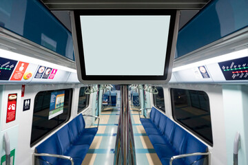 Blank white information billboard in public subway. blank screen in a subway car or urban public...