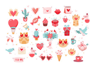 Valentine's day cute elements set. wedding and love concept. Vector illustration in flat cartoon style